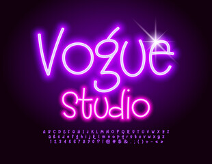 Vector stylish Emblem Vogue Studio. Unique Neon Alphabet Letters and Numbers set. Creative Glowing Font.