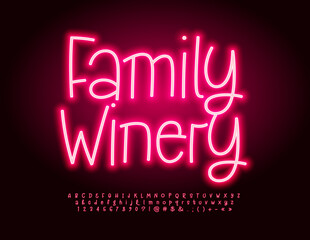 Vector artistic logo Family Winery. Creative electric Font. Bright Neon Alphabet Letters, Numbers and Symbols set