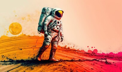 a painting of a man in a space suit walking on a dirt field with a yellow disk in the background and a pink and yellow background.  generative ai