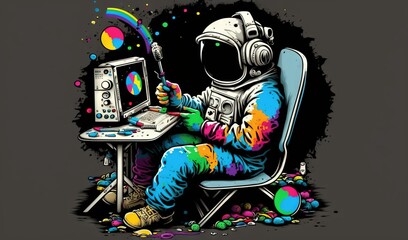  a man in a space suit sitting at a desk with a computer and a rainbow paint splatter on it's back ground.  generative ai
