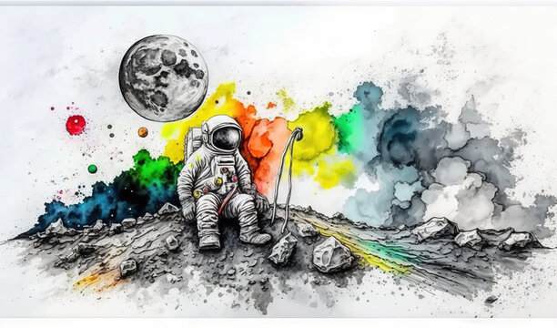  a drawing of an astronaut sitting on the moon next to a rainbow colored cloud of smoke and a full moon behind him is a black and white background.  generative ai