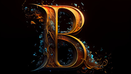 Capital letter B ateampunk alphabet in gold and black colour created with generative Ai technology