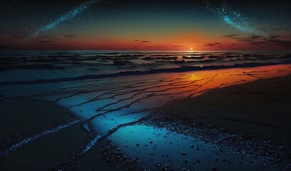  a painting of a sunset over the ocean with a bright star in the sky above the water and a beach with waves and sand on the shore.  generative ai