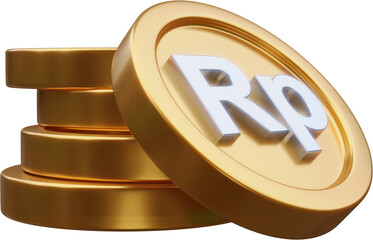 Stack of gold rupiah coin currency market financial or investment money banking treasure wealth cash and golden dollar pile economy with business earnings profit sign. 3D render
