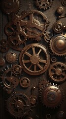 A background of gold steampunk gears and cogs. Generative AI. 