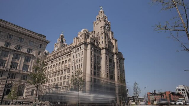 4K: Timelapse of Liver Building in Liverpool, Merseyside, UK with traffic passing by. City Time Lapse. Stock Video Clip Footage