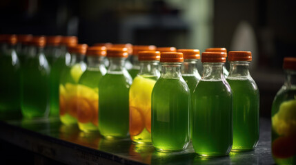 Fototapeta na wymiar soda water with citrus juice, production of lemonade in glass bottle generative ai