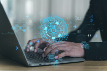 Technology network artificial intelligence (Ai). Innovative processing machine learning neural network. Internet connection, communication, Big Data Mining. Man with laptop virtual ai on screen
