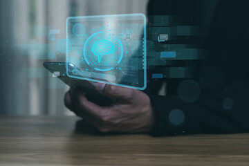 Business artificial intelligence (Ai) Chat GPT bot. Intelligent application development technology for future benefits. Machine Learning Big Data Management. Man using mobile on virtual chat screen