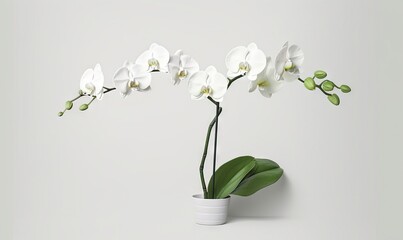  a white flower in a white vase on a white surface with a green leafy plant in the middle of the vase and a white wall in the background.  generative ai