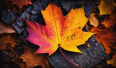  a maple leaf laying on a rock in the leaves of a tree in the fall season, with other leaves surrounding it, in the foreground.  generative ai