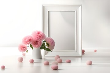 artwork frame mockup, design with pink flowers in vase, white background. 