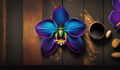  a purple flower with a bee on it next to a cup of coffee and almonds on a wooden table with a wooden background with a wooden table.  generative ai