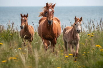 Fototapeta na wymiar family of wild meadow horses generative ai