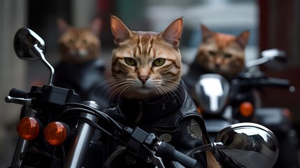 A cat wearing a black leather jacket and riding a motorcycle realistically
