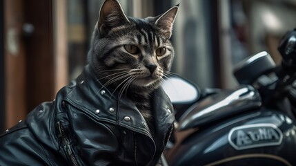 A cat wearing a black leather jacket and riding a motorcycle realistically