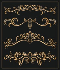 Unique and creative golden color flower ornament text dividers, arrows, flourishes and laurel vector design elements set for decoration With Black background.