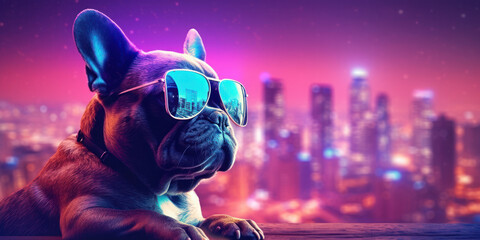 Obraz na płótnie Canvas French Bulldog in Futuristic Cityscape