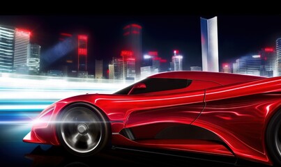 Obraz na płótnie Canvas a red sports car driving down a city street at night with a city skyline in the background and a bright red light shining on the car. generative ai