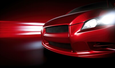 Obraz na płótnie Canvas a red sports car with a bright light shining on it's headlamp is shown in this artistic photo of a red sports car. generative ai