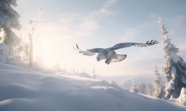  a white bird flying over a snow covered forest filled with trees and snow covered ground with sun shining through the clouds and a blue sky.  generative ai