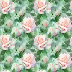 Watercolor botanical seamless pattern with pink roses. Delicate floral background for textiles, fabrics, wrapping paper. Generative AI