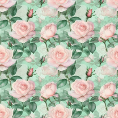 Watercolor botanical seamless pattern with pink roses. Delicate floral background for textiles, fabrics, wrapping paper. Generative AI