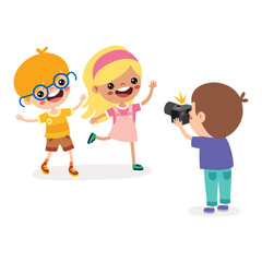 Cartoon Kid Taking Friends Photo