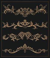 Unique and creative golden color flower ornament text dividers, arrows, flourishes and laurel vector design elements set for decoration With Black background.