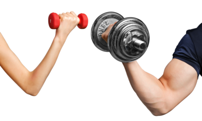 The arms of man and woman lifting weights