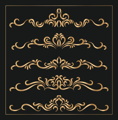 Unique and creative golden color flower ornament text dividers, arrows, flourishes and laurel vector design elements set for decoration With Black background.
