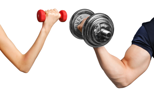 The arms of man and woman lifting weights