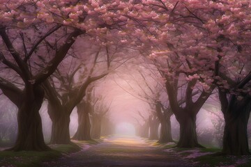 A breathtaking image of a cherry blossom canopy, where delicate, pink-hued blossoms blanket the branches of ornamental cherry trees in full bloom (Generative AI)