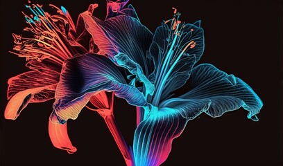  a colorful flower is shown on a black background with a blue and red light in the center of the flower and a red and blue light in the middle of the flower.  generative ai