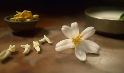 Fototapeta na wymiar a white flower sitting on top of a wooden table next to a bowl of yellow flowers on a wooden table next to a bowl of yellow flowers. generative ai