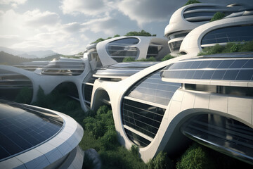 Futuristic ecological houses of future exterior. Smooth forms of building in nature, modern architecture. Generative AI