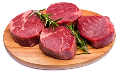  four pieces of raw meat on a wooden plate with a sprig of rosemary on top of them on a white background with a white background.  generative ai