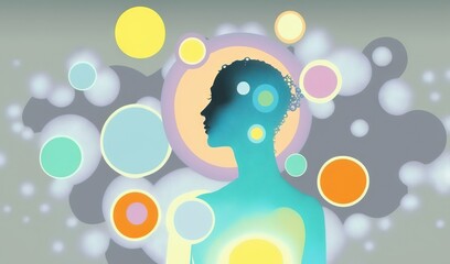 a person with a blue body and many circles around it, with a gray background and a blue and yellow silhouette of a person with a blue head.  generative ai