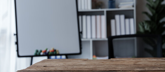 Old wooden desk in office workplace of bookkeeping accounting