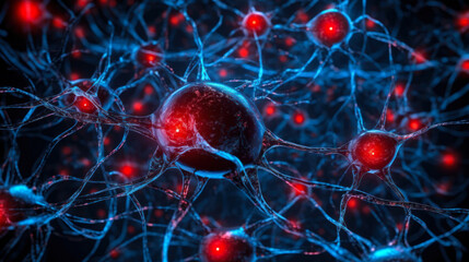 neural connections system in brain blue red background generative ai