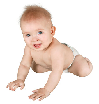 Infant in diapers crawling - isolated image