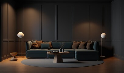  a living room with a couch, table and lamps on the wall and a round rug on the floor in front of the couch is a round coffee table.  generative ai