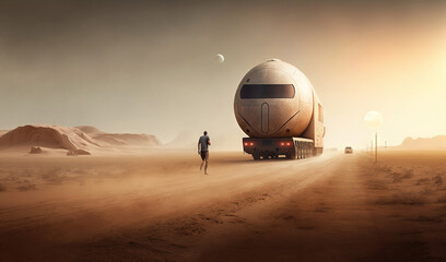 Fototapeta na wymiar a man is standing in the desert next to a large truck that is shaped like an egg on the side of a road with a man standing in the middle of the road. generative ai