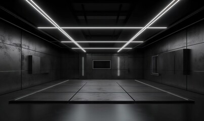  a dark room with a square floor and a neon light on the ceiling and a square floor in the middle of the room with a square floor in the middle.  generative ai