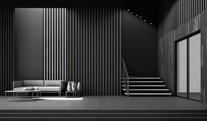  a black and white photo of a living room with a couch and a stair case next to a window with a door and a window.  generative ai