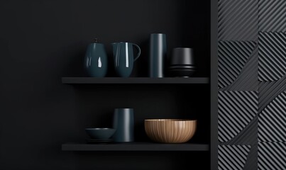  a black shelf with vases and bowls on it in a room with a black wall and a black wall with a geometric pattern on it.  generative ai