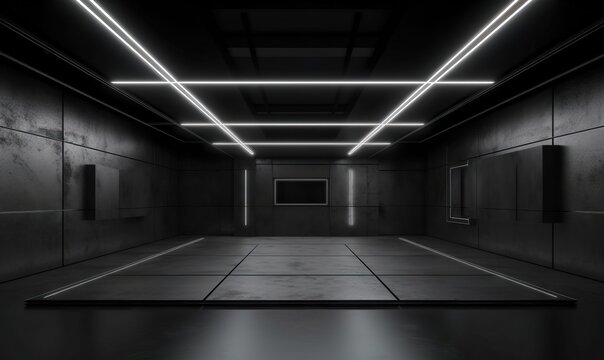  a dark room with a square floor and a neon light on the ceiling and a square floor in the middle of the room with a square floor in the middle.  generative ai