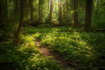 Sunlit Forest Glade: A captivating image of a sunlit forest glade (Generative AI)