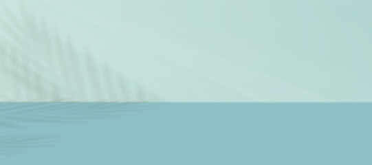 Studio Display With Coconut Palm Leaves Shadow Overlay on Green Mint Wall Background,Vector Scene Empty Wall Room with Leaf shadow on Blue floor,Concept for Spring Summer Product Display Presentation