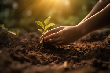 Hands Planting a Sapling: A heartwarming image of hands planting a young sapling, symbolizing the hope and commitment to nurturing the growth of a healthier, greener planet (Generative AI)
